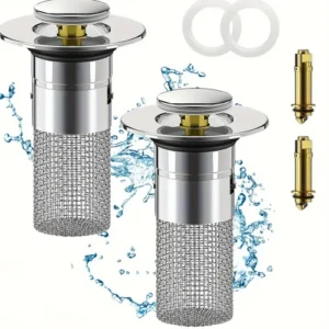 2PCS Universal Pop-Up Sink Stopper – Anti-Clog Drain Plug with Hair Strainer